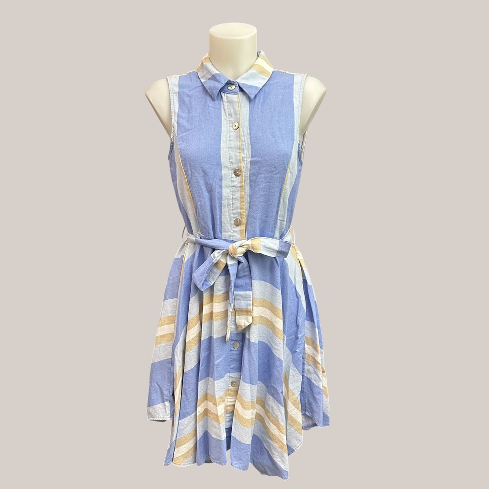 1. State Blue Cream Striped Collared Linen Midi Belted Fit & Flare Dress Size M - Picture 1 of 8